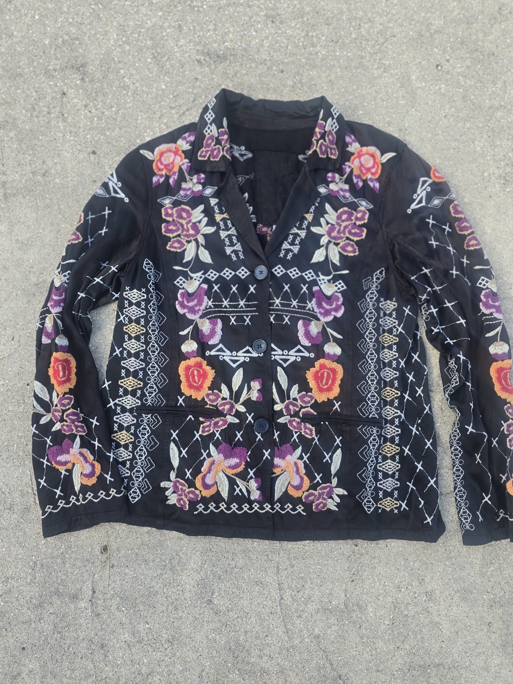 Johnny Was Black Floral Embroidered Satin  Jacket